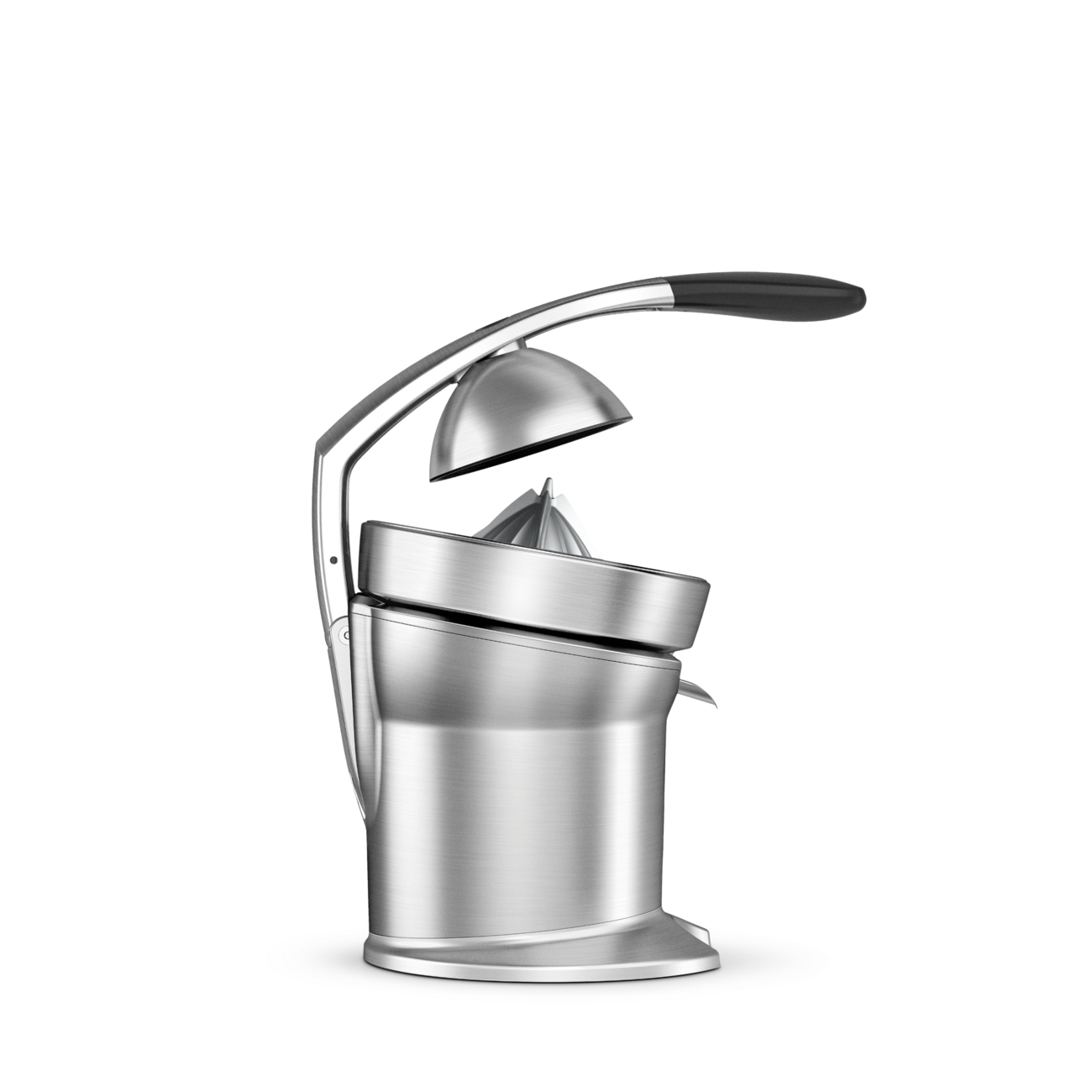 Breville Citrus Press Pro 800CPXL in brushed stainless steel, with its triple-hinged arm and fruit dome raised
