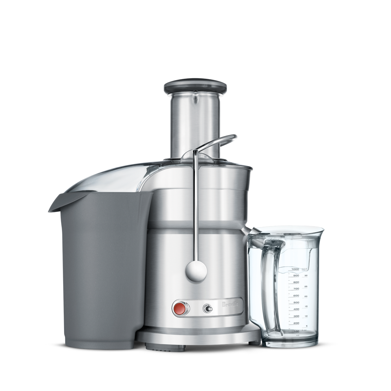 Breville Juice Fountain Elite 800JEXL in silver, shown with its pulp container and supplied jug