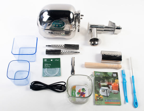 Official Angel Juicer America image of the AG-7500 standard package with silver base, twin gears, standard housing, cups and cleaning items