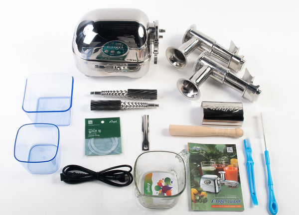 Official Angel Juicer America image of the AG-7500SFH package with silver base, twin gears, standard and soft-fruit housing assemblies, cups and cleaning items