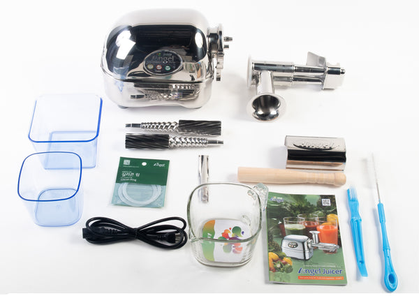 Official Angel AG-8500 standard package image with silver base, twin gears, standard housing, cups and cleaning tools