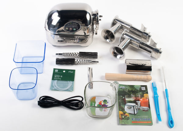 Official Angel AG-8500SFH package image with silver base, twin gears, standard and soft-fruit housing assemblies, cups and cleaning tools