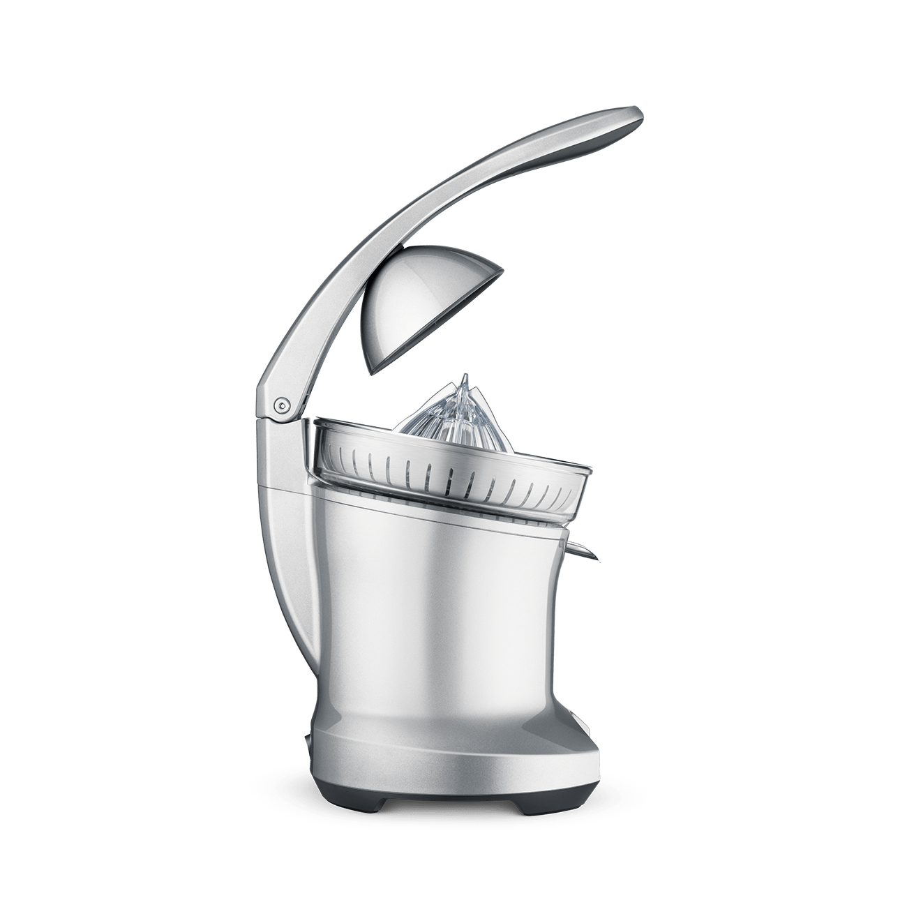 Breville BCP600 Citrus Press in silver, with the press arm raised above its cone and filter