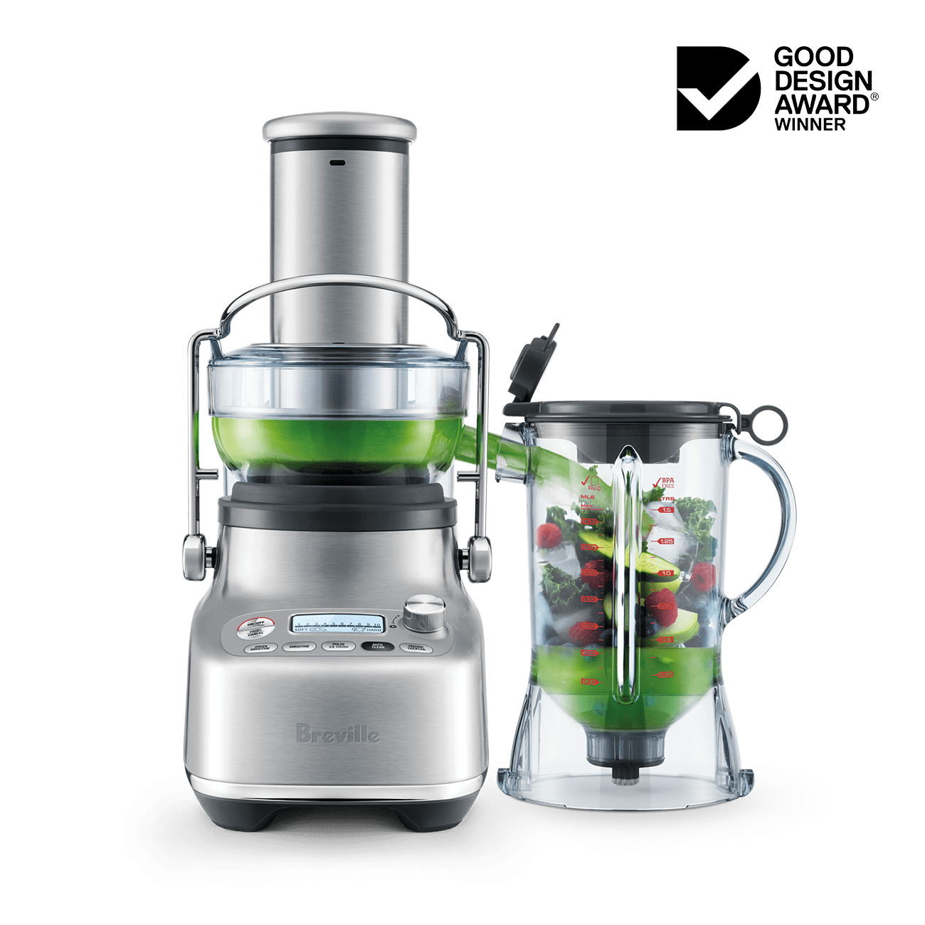 Breville 3X Bluicer Pro BJB815 in brushed stainless steel with juicing assembly and 50 fl oz blender jug