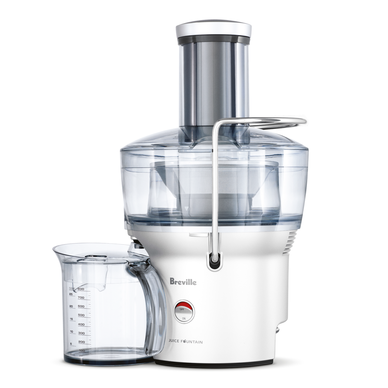 Breville Juice Fountain Compact BJE200XL in silver and white with its integrated pulp assembly and supplied jug