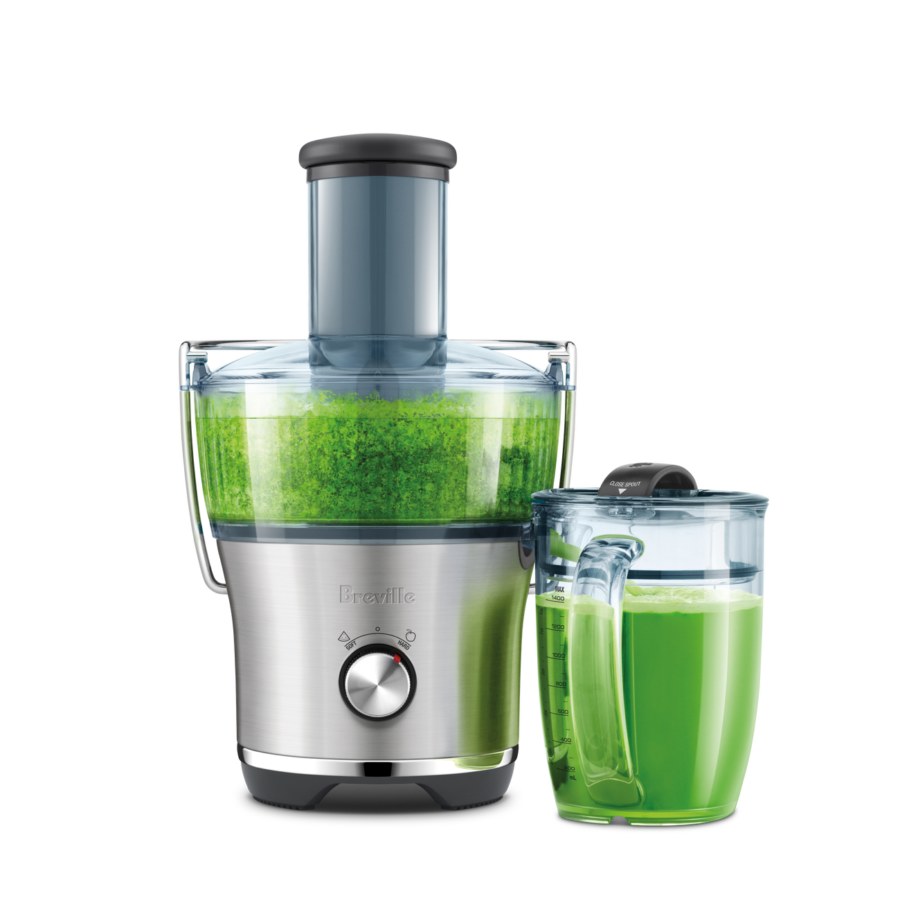 Breville ANZ BJE220 Fresh Compact in brushed stainless steel, shown with its integrated pulp assembly and 1.4 L jug