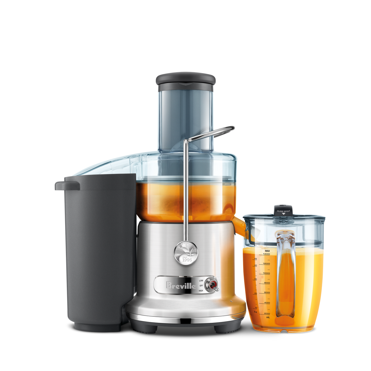 Breville ANZ BJE420 Fresh 95 in brushed steel, shown with its side pulp container and 1.4 L jug