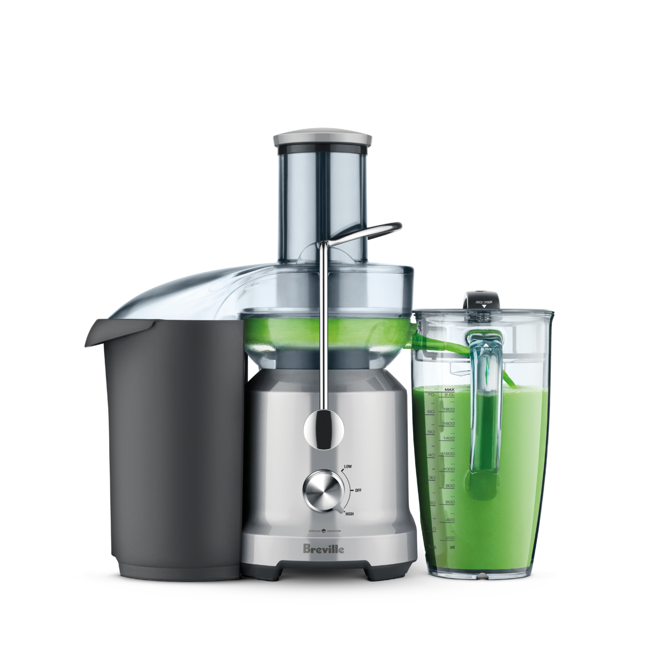 Breville BJE430 Juice Fountain Cold in silver, shown with its pulp container and 70 fl oz jug