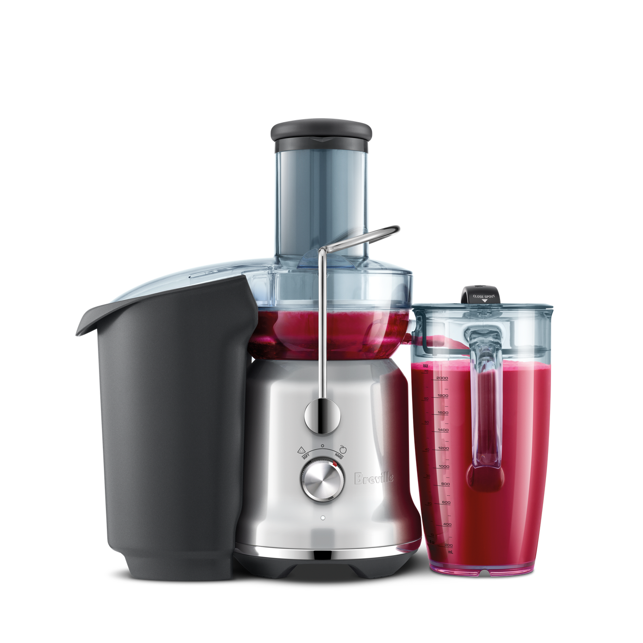 Breville ANZ BJE440 Juice Fountain Fresh in silver with an external pulp bin and 2 L jug