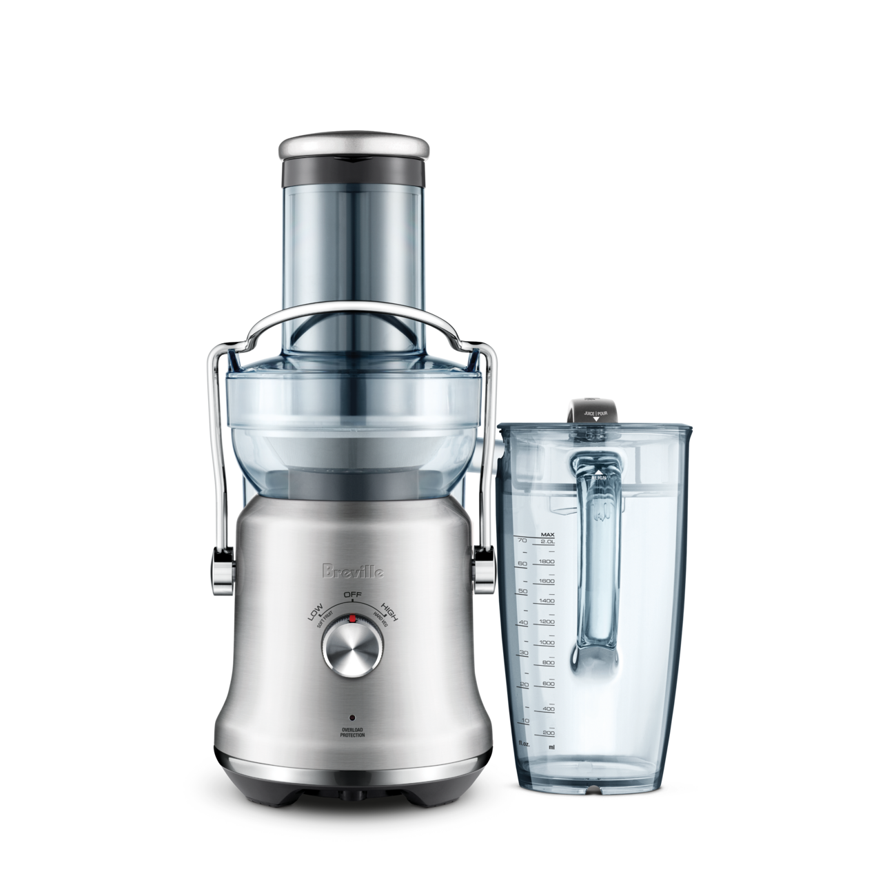 Breville BJE530 Juice Fountain Cold Plus in brushed stainless steel with its 70 fl oz jug
