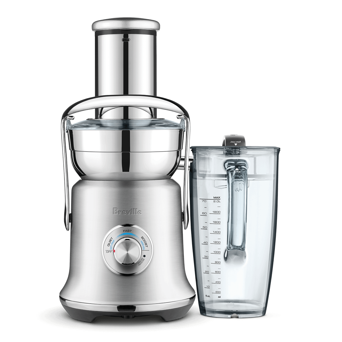 Breville BJE830 Juice Fountain Cold XL in brushed stainless steel with the variable Quiet/Fast/Boost dial and 70 fl oz jug