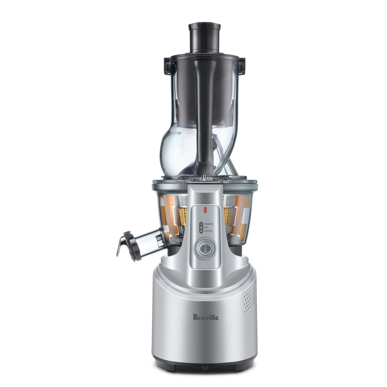 Breville BJS700 the Big Squeeze in silver, with its feed tube, compression assembly, spout and collection vessels