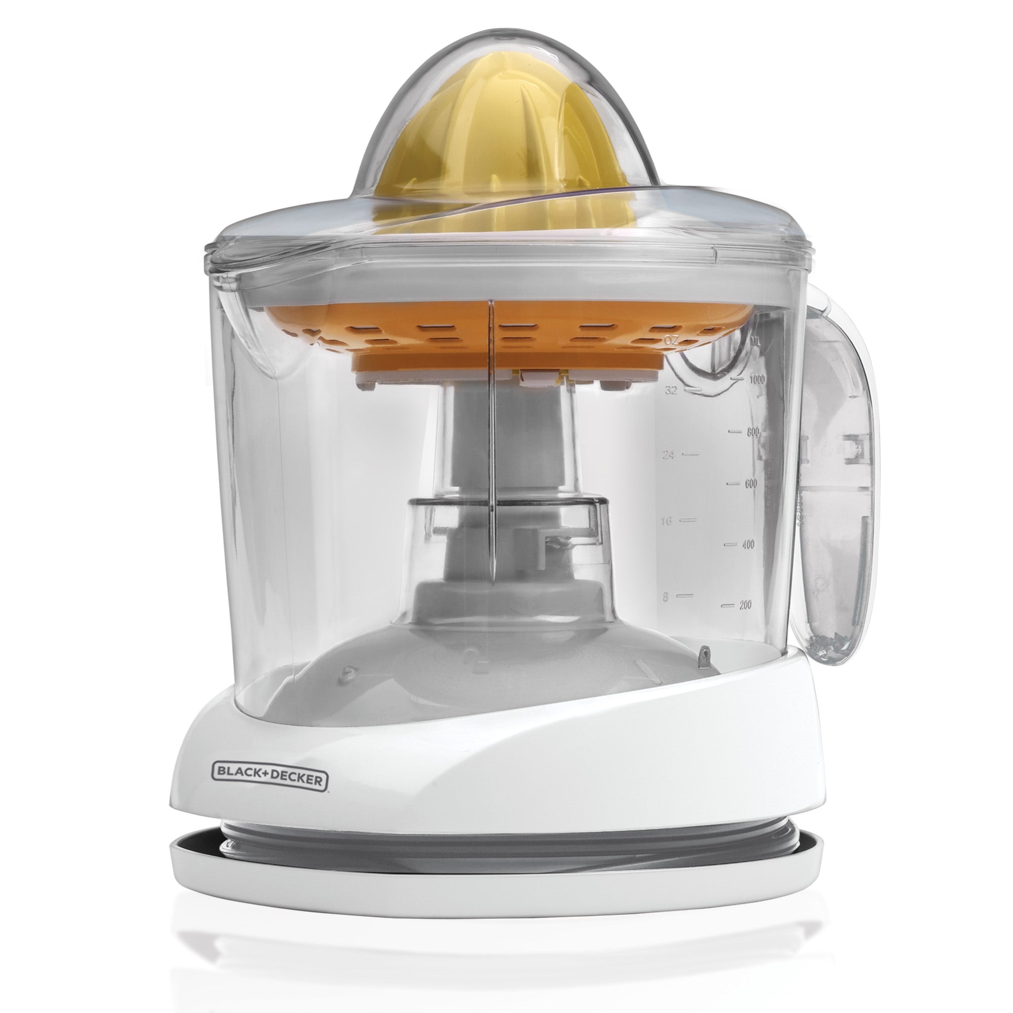 BLACK+DECKER CJ625 citrus juicer in white, with its clear graduated pitcher and nested citrus cones