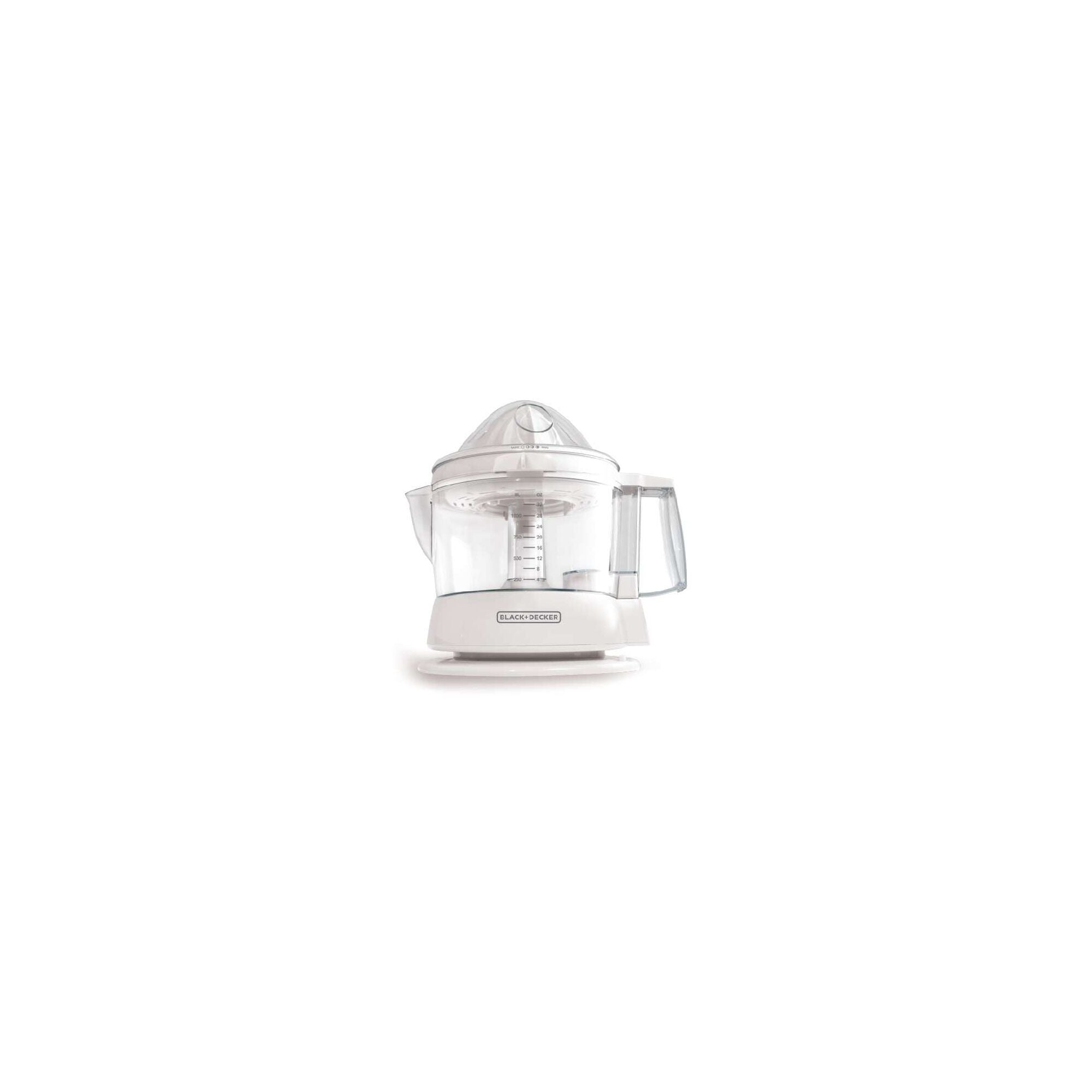 BLACK+DECKER CJ630-2 citrus juicer in white with a clear graduated jar and attached cone assembly