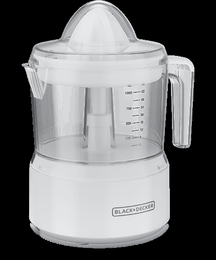 Manufacturer manual illustration of the BLACK+DECKER CJ650 citrus juicer with cone, receiver, pulp basket, and base; the manual says the product may vary slightly.