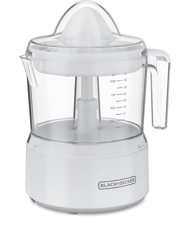 Official manual illustration of the BLACK+DECKER CJ650M citrus juicer, with cone and 32 oz / 1 L receiver; the manual says the product may vary slightly.
