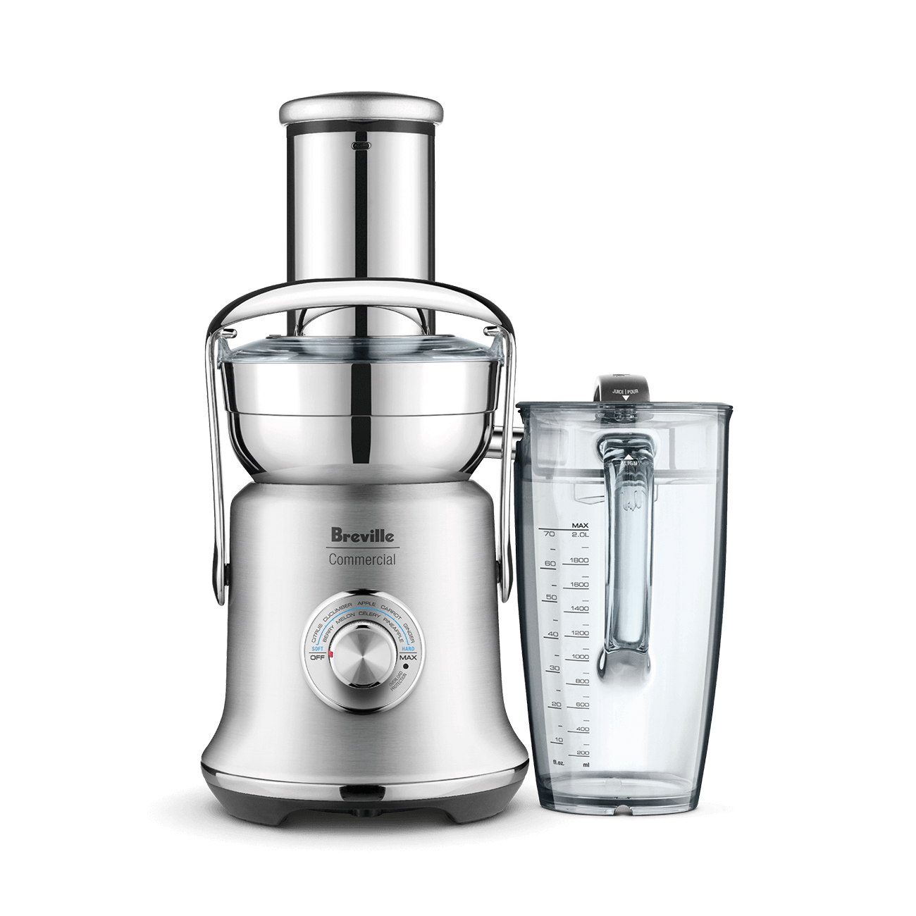 Breville CJE830 Juice Fountain XL Pro in brushed stainless steel with its variable dial, tall chute, and 70 fl oz jug