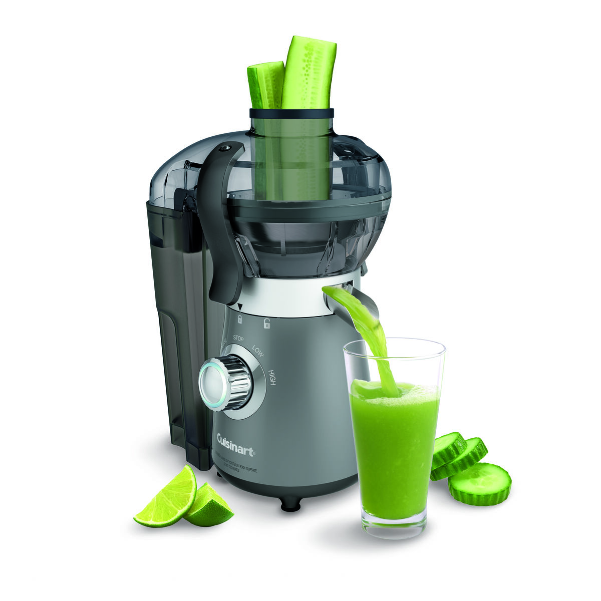 Official Cuisinart BJC-550 image showing its compact centrifugal juice extractor with a cucumber in the feed opening and a glass under the juice spout.