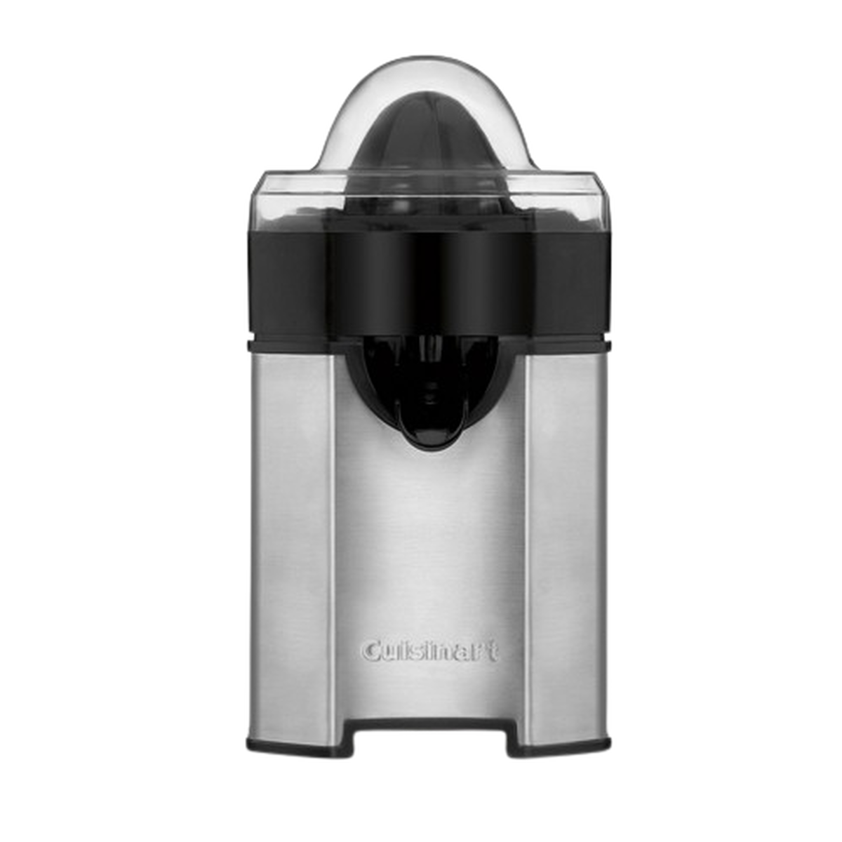 Cuisinart CCJ-500P1 black-stainless powered citrus reamer with its transparent cover and direct-glass outlet, official product-only image.