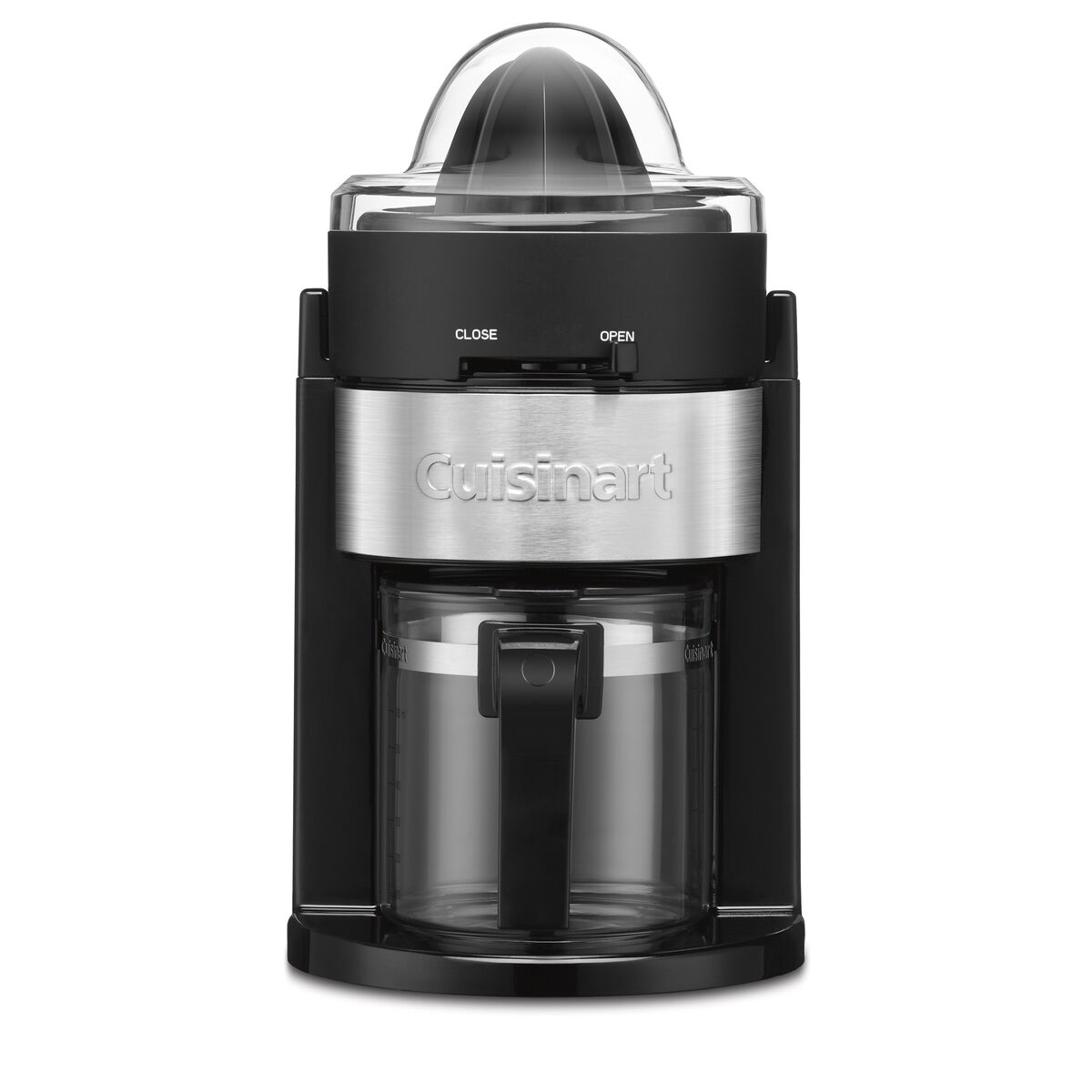 Cuisinart CCJ-900 black-and-stainless electric citrus juicer with 24-ounce glass carafe and citrus, official product image.