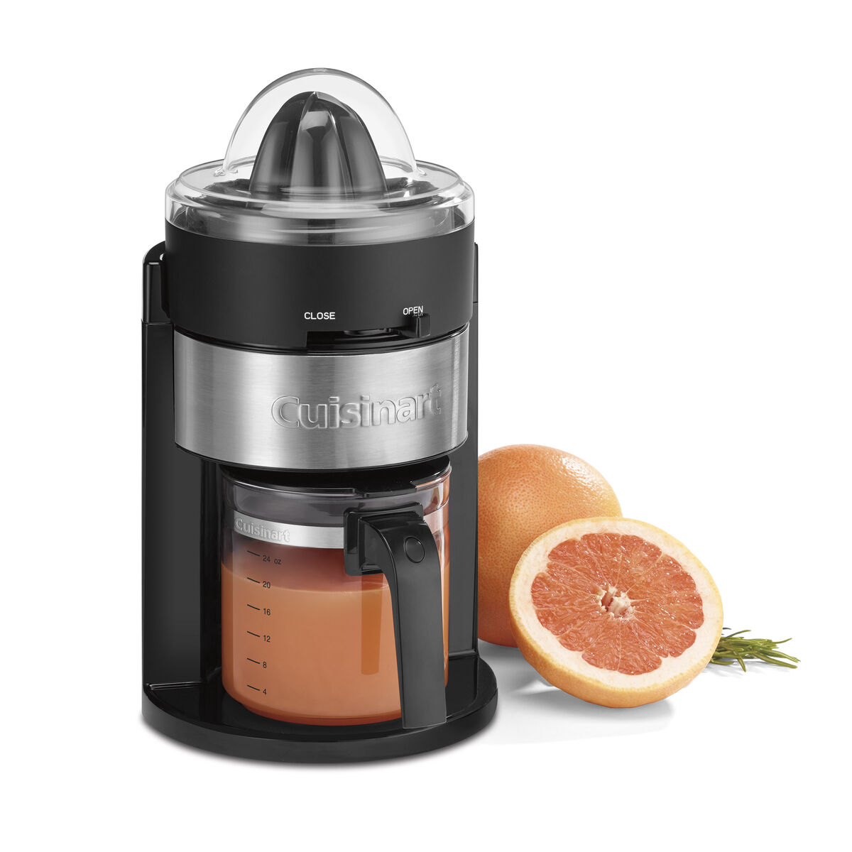 Cuisinart CCJ-900P1 black-and-stainless electric citrus juicer with glass carafe, official image linked from its product page; carafe markings conflict with page capacity text.