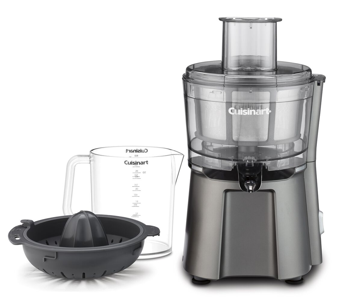 Official Cuisinart CJE-2000 combo juicer image showing the extractor body, transparent juice container, and separate citrus reamer attachment.