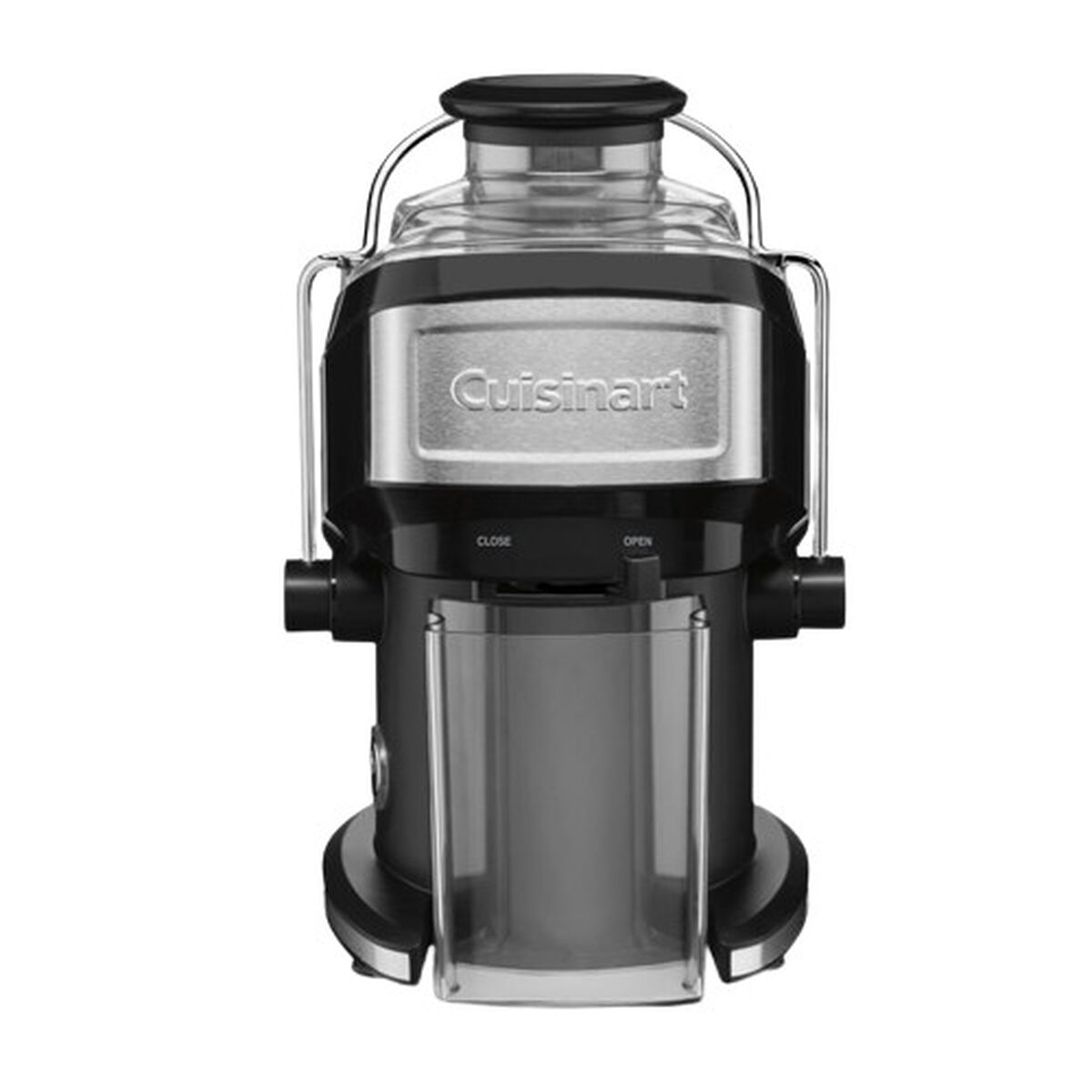 Cuisinart compact centrifugal juice extractor in black with stainless-colored front panel and clear pulp container; the official front-facing product image does not show every collection part.