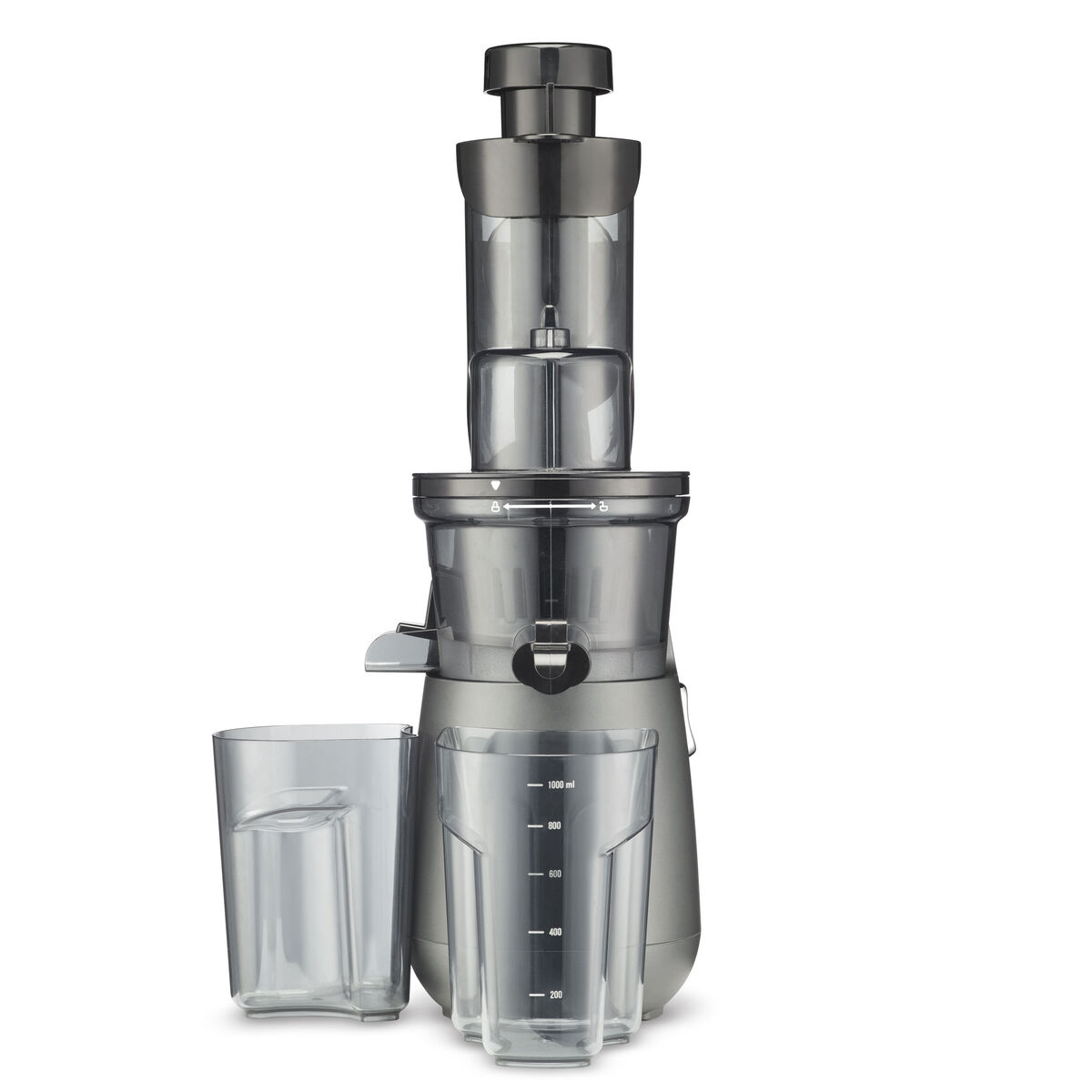 Official Cuisinart CSJ-300P1 Gray P1 slow juicer shown with its auger assembly and separate juice and pulp containers.