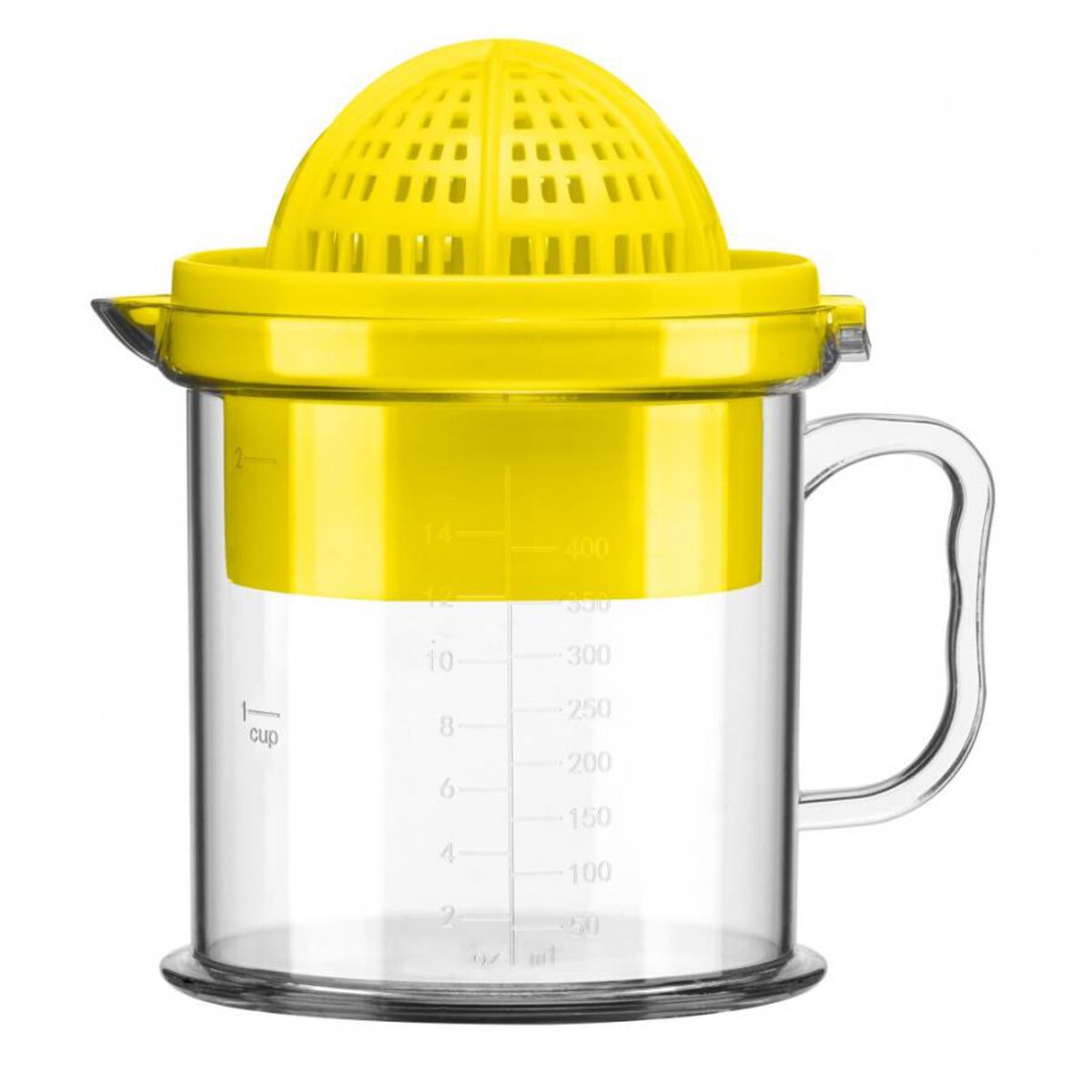 Cuisinart CTG-00-CJ hand-operated citrus reamer over a marked two-cup collection container in Light Yellow
