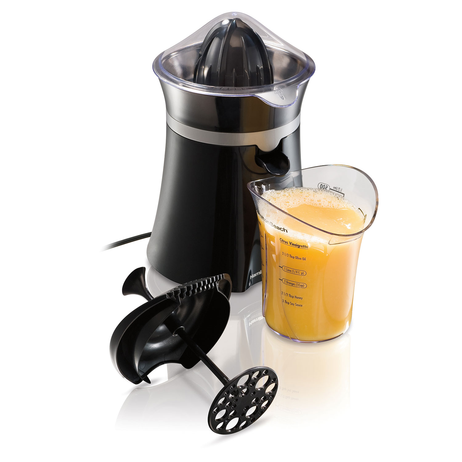 Hamilton Beach FreshMix 66333 black citrus juicer with its carafe and separate reamer parts