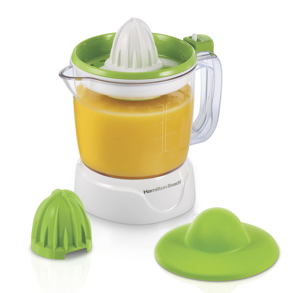 Hamilton Beach Electric Citrus Juicer with Gripper Lid 66342J in white with lime-green citrus parts and pitcher