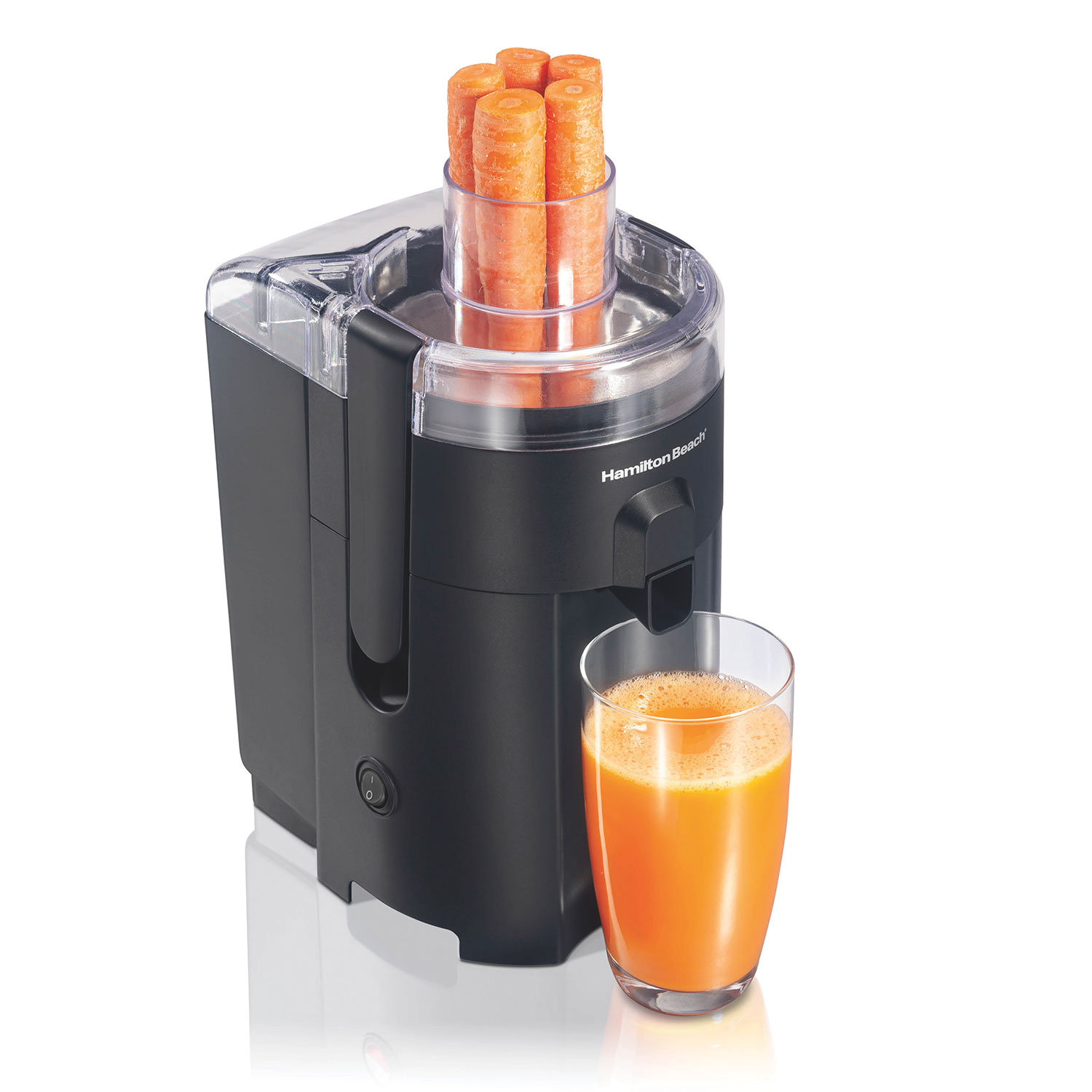 Official Hamilton Beach 67500 black HealthSmart compact juicer with carrots in the chute