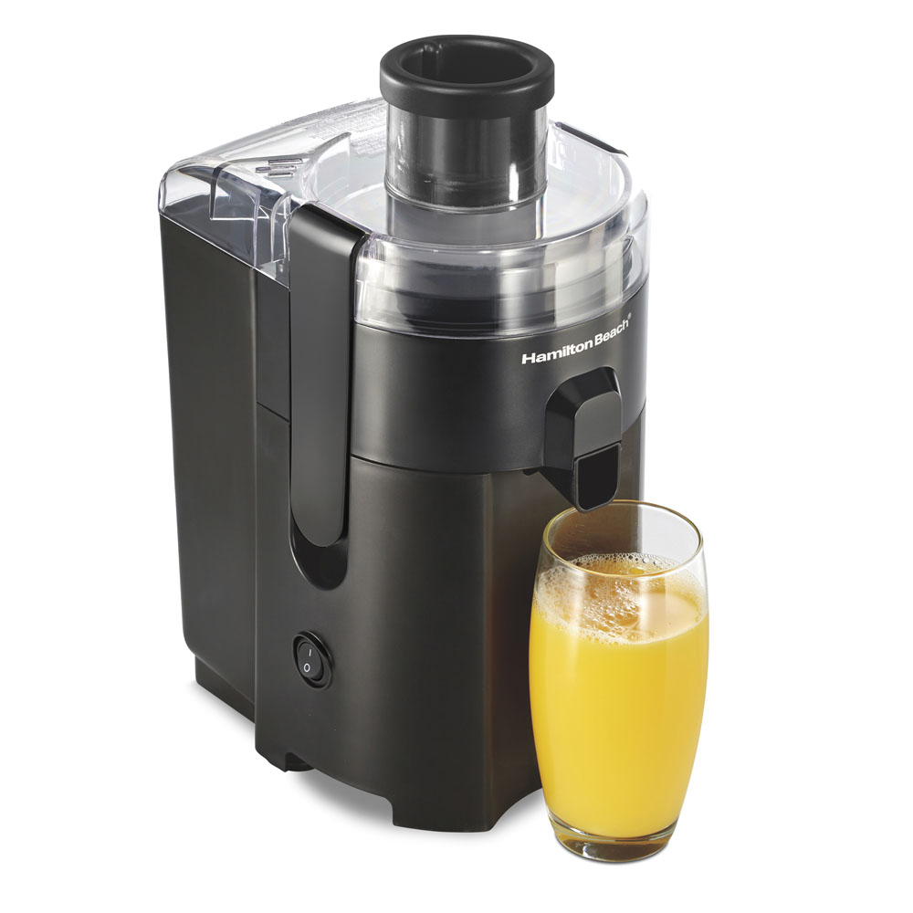 Hamilton Beach HealthSmart Compact Juice Extractor 67500J in black, with clear top, round feed chute and glass beneath its juice spout