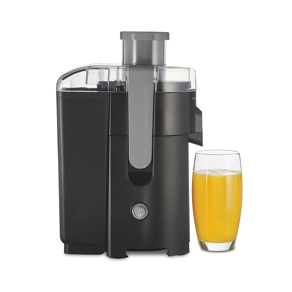 Official Hamilton Beach 67502 Black and Gray HealthSmart compact juicer shown from the side