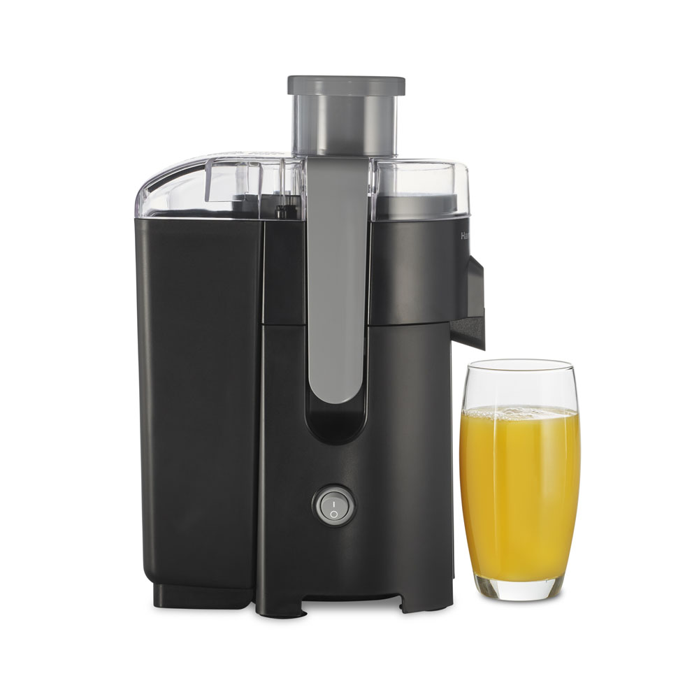 Official Hamilton Beach 67502J Black and Gray HealthSmart compact juicer shown from the side
