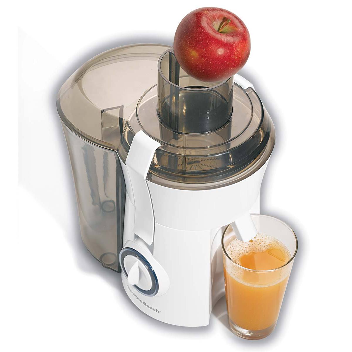 Hamilton Beach Big Mouth Juice Extractor model 67600, white with an extra-wide feed opening, side pulp container, single control and glass below the spout