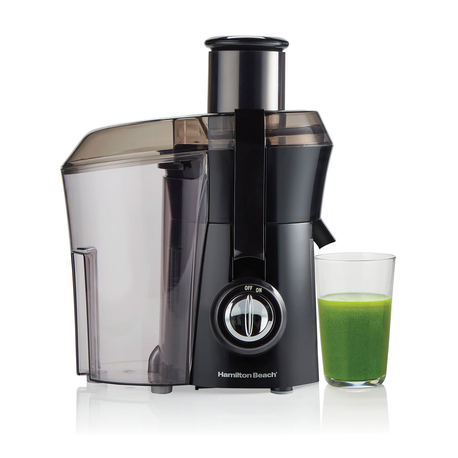 Hamilton Beach Big Mouth 800 Watt Juice Extractor 67601J in black with side pulp container and a glass beneath the spout