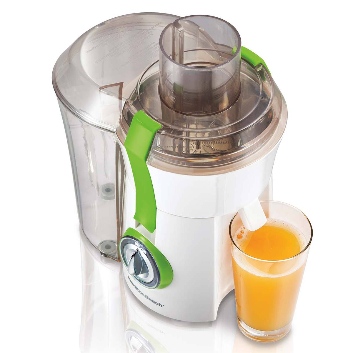Official Hamilton Beach 67602 Big Mouth juicer with white body and green accents