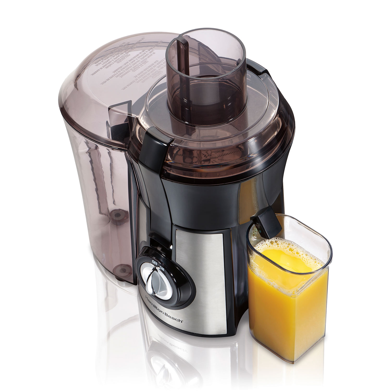 Hamilton Beach Big Mouth Pro Juice Extractor 67608A in black and stainless steel with side pulp container and glass beneath the outlet