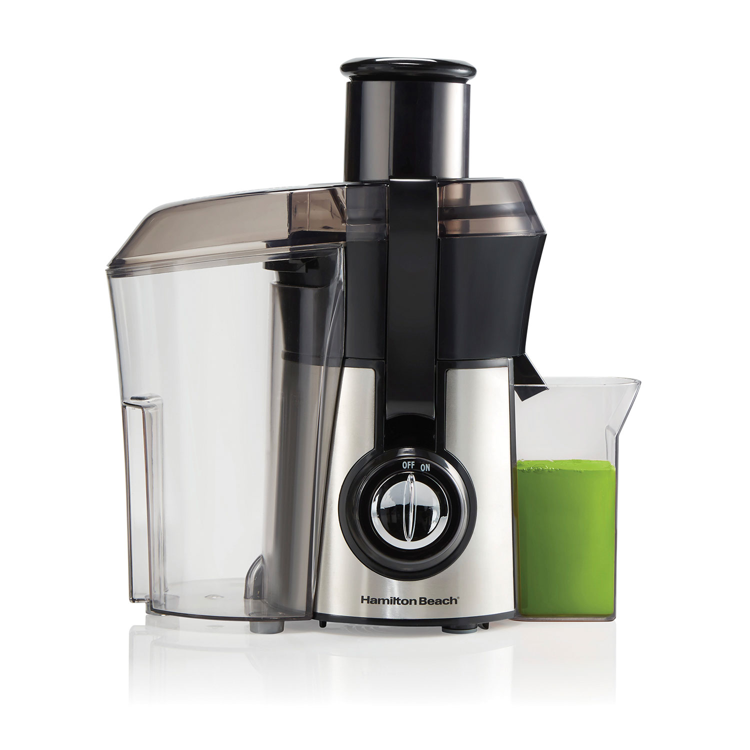 Hamilton Beach Big Mouth Pro Juice Extractor 67608Z in black and stainless steel with its large feed chute and side pulp bin