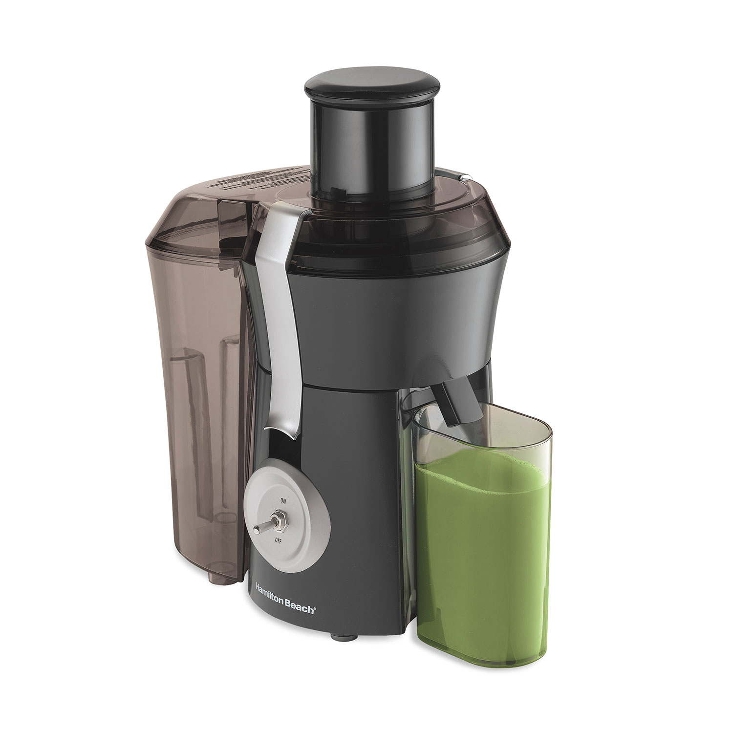 Hamilton Beach Big Mouth Pro Juice Extractor model 67650, with dark body, feed tube, side pulp bin, and glass under outlet