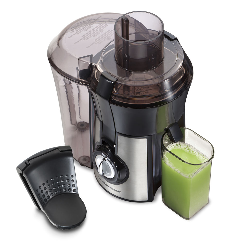 Hamilton Beach Easy Clean Juice Extractor model 67735J with a black and stainless body, side pulp bin, OFF/LO/HI selector and glass shown at the outlet