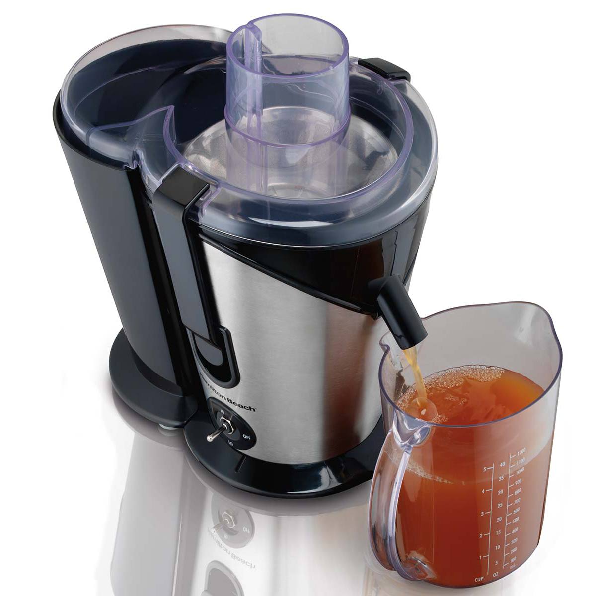 Hamilton Beach 67750 Big Mouth Plus centrifugal juicer with silver-accented body, separate side pulp bin and 40-ounce pitcher under the spout