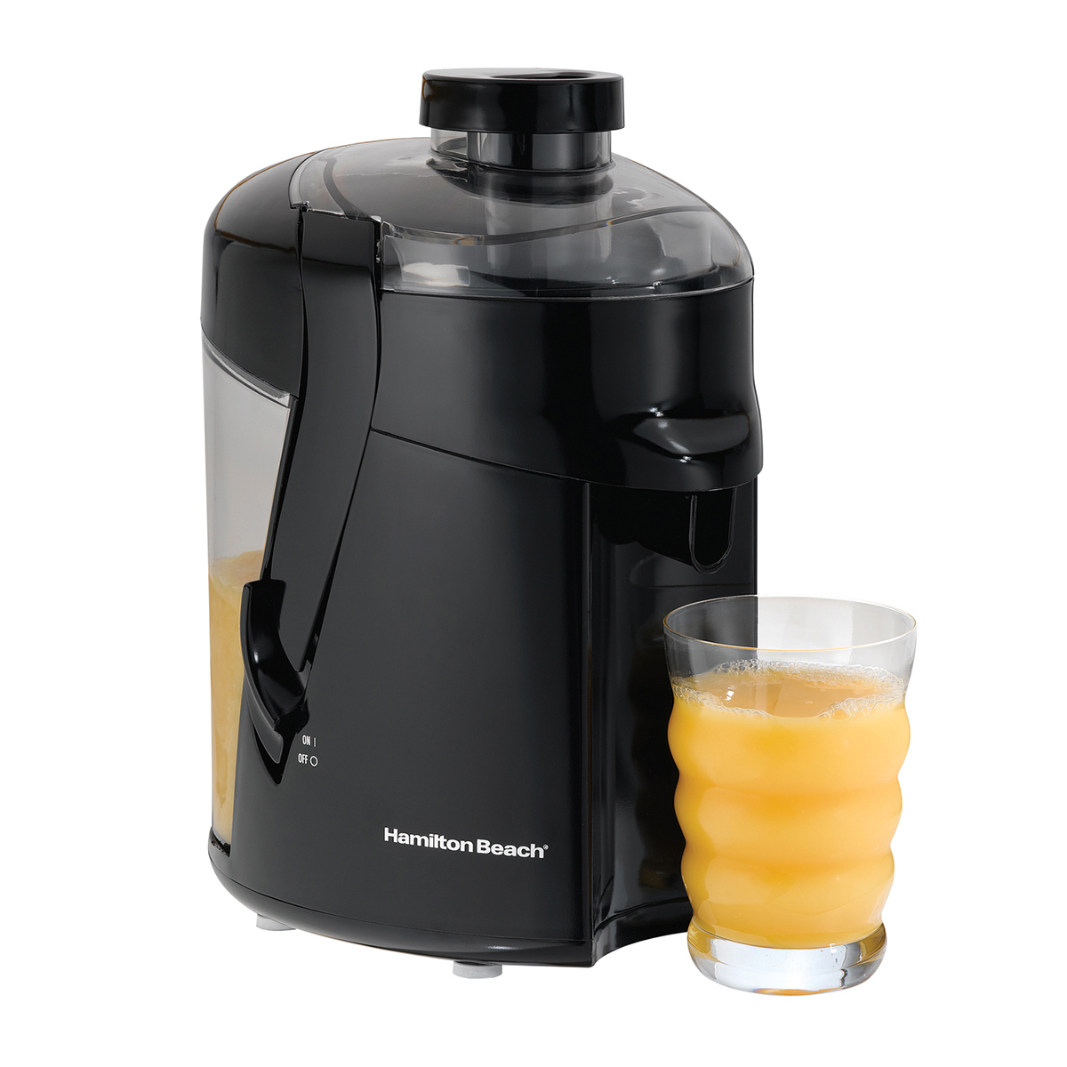 Hamilton Beach HealthSmart Juice Extractor 67801 in black with a glass under the spout