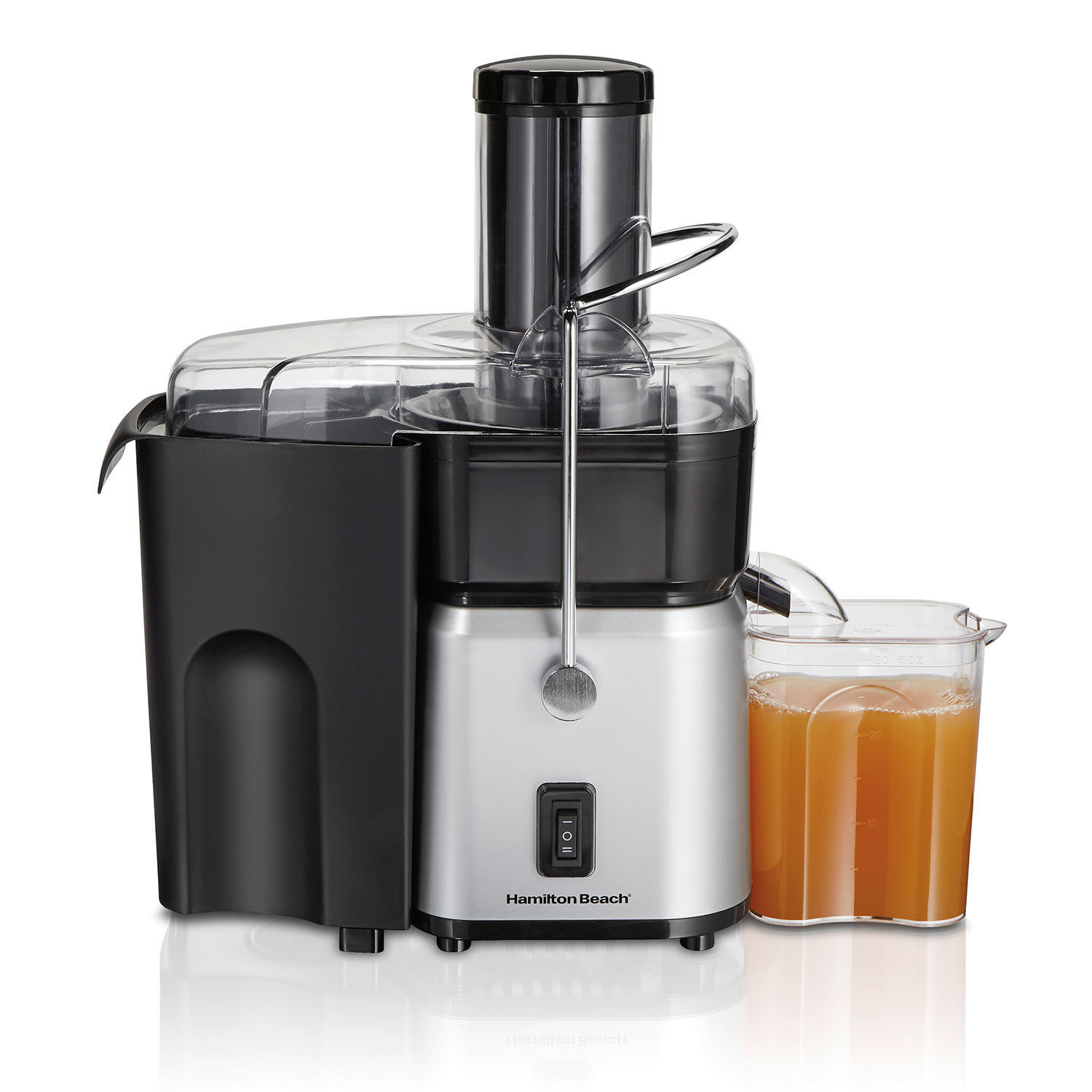 Official Hamilton Beach image of the silver Whole Fruit Juice Extractor 67840 with side pulp container and pitcher