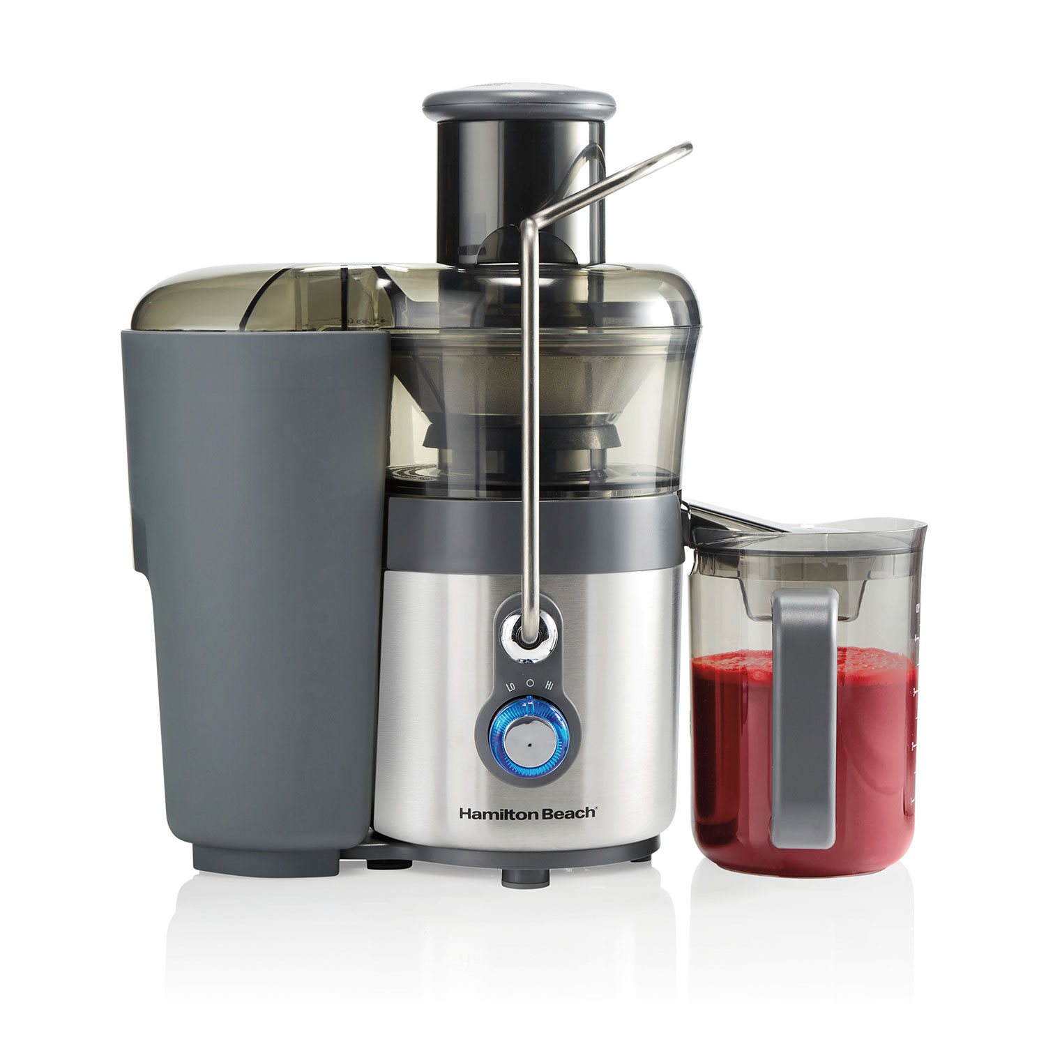 Official Hamilton Beach product image of the Big Mouth Premium Juice Extractor 2 Speeds model 67850 with a separate pulp bin and lidded pitcher