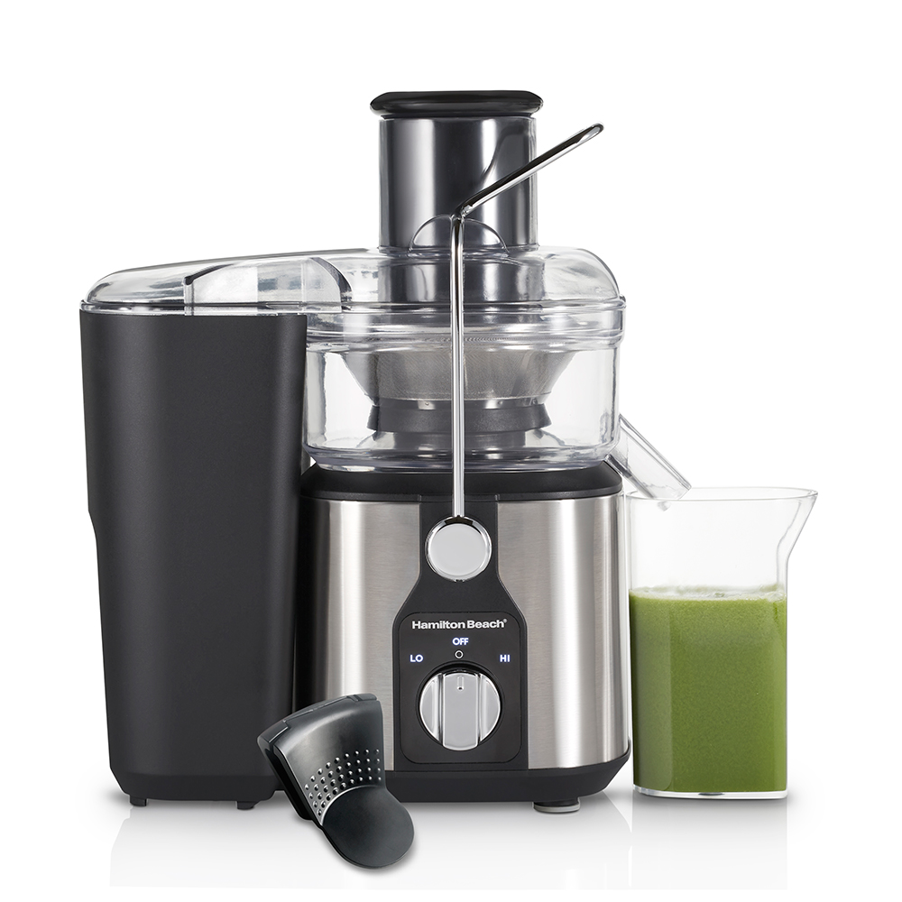 Hamilton Beach 67870 Easy Clean centrifugal juicer with stainless-and-dark body, side pulp bin, pusher, Easy Sweep tool and glass at the spout