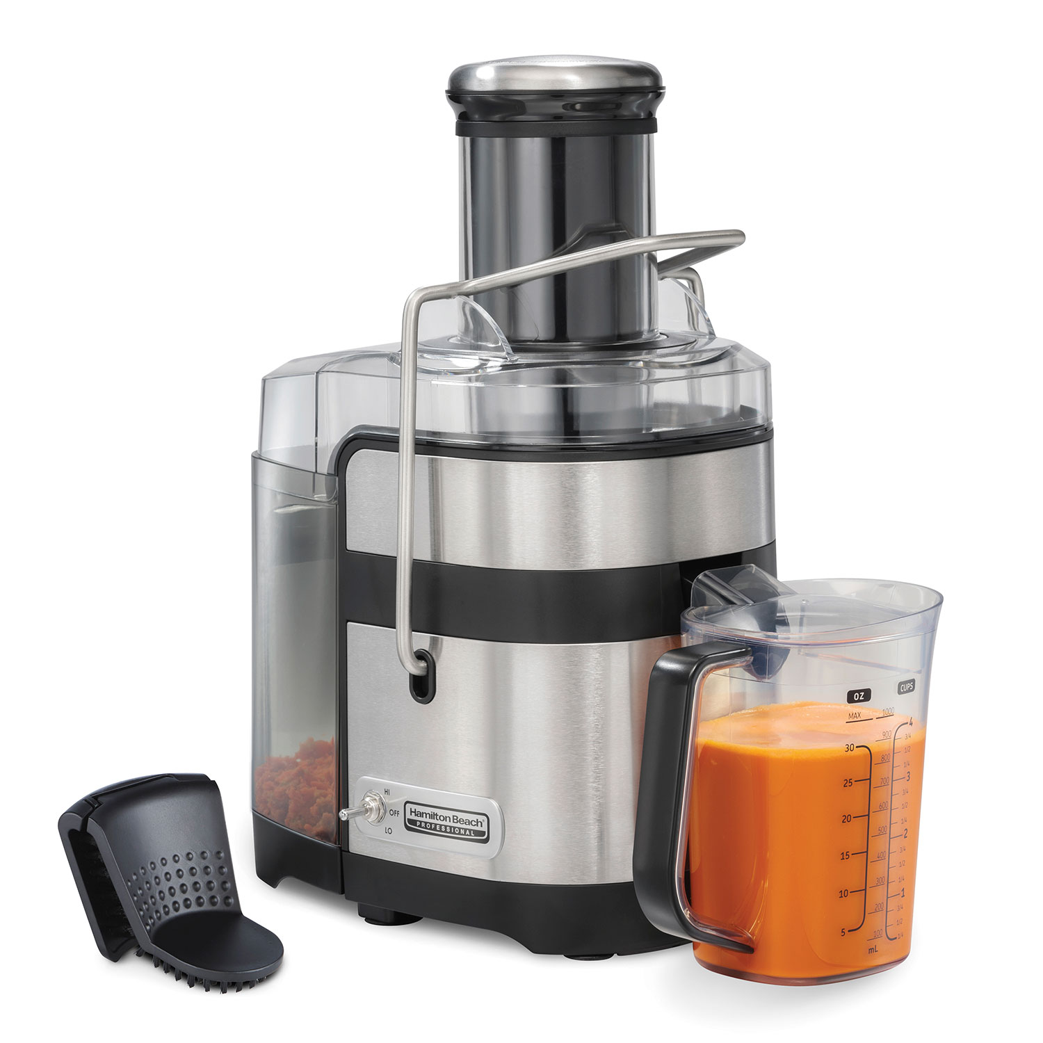 Hamilton Beach Professional Super Chute Juice Extractor model 67906 with tall feed chute, side pulp container, graduated pitcher, and cleaning brush