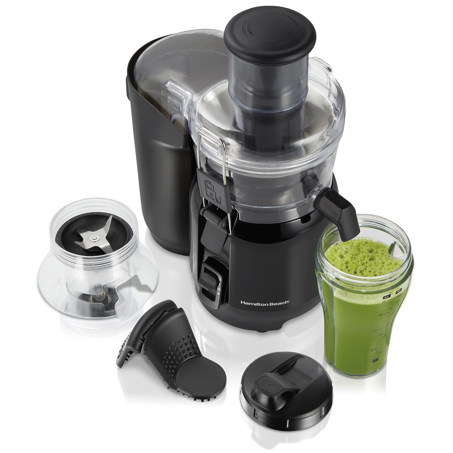 Hamilton Beach 67970 Juice & Blend with its centrifugal juicer assembly, external pulp bin, personal blender jar, blade collar and travel lid