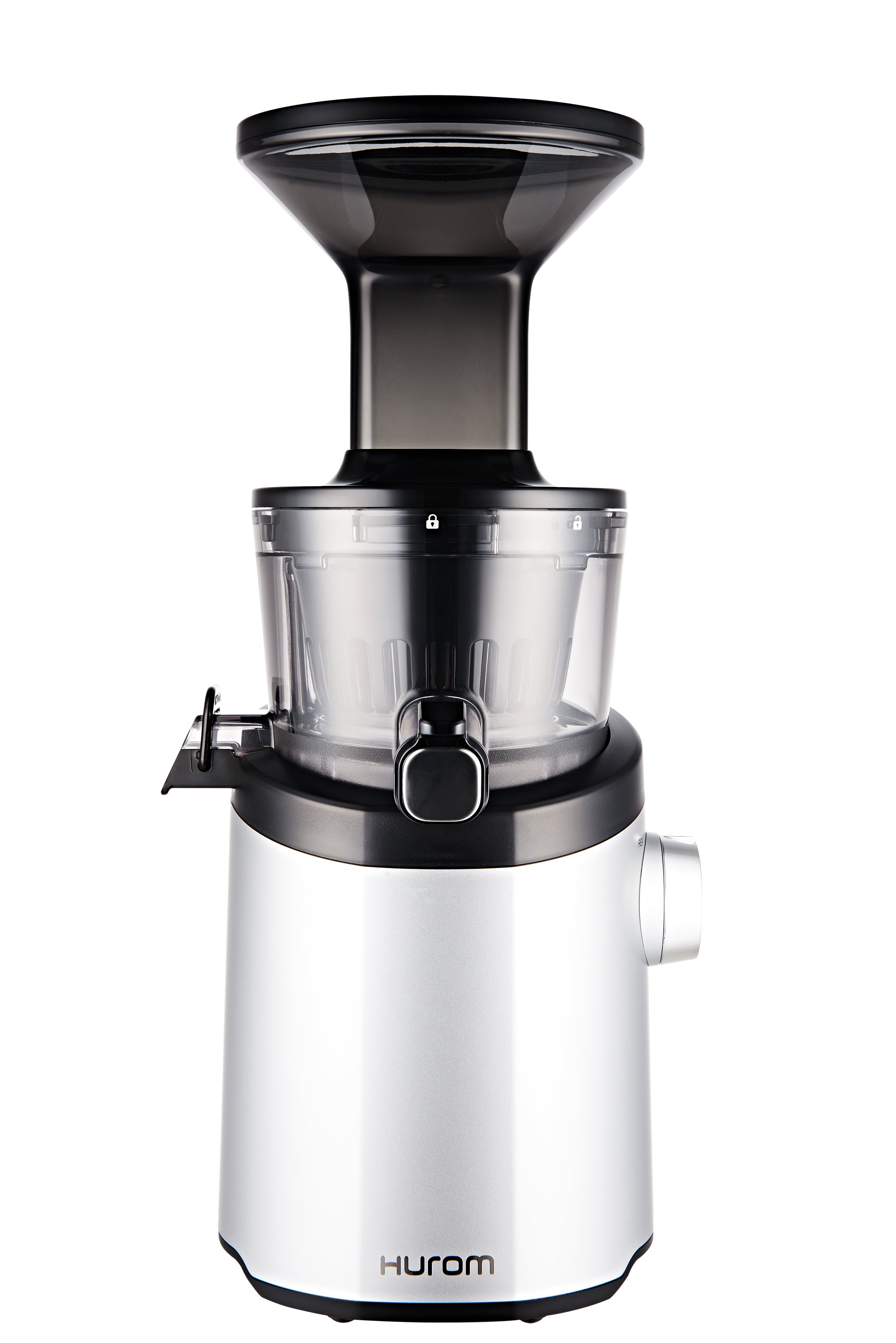 Hurom H101 Easy Clean Slow Juicer in Silver, with vertical body and black upper juicing assembly; exact U.S. product-data mapping to H-101-SBBA02